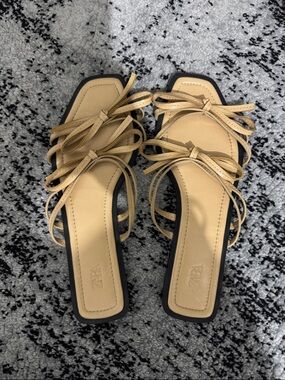 Zara Beige Strappy Bow Square-Toe Mules